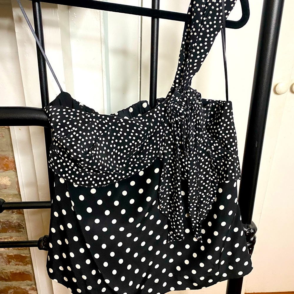 J.Crew Black and white polka dot, one shoulder tank top